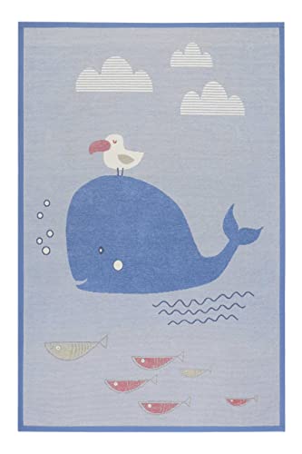 Wendbarer Kurzflor Esprit Kinderteppich mit Wal vorne und Sternenhimmel hinten für Kinderzimmer - Whale Buddy (160 x 230 cm, blau)