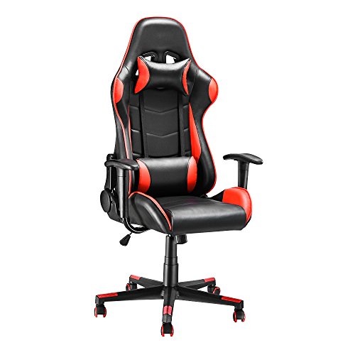 Gaming Stuhl Chair mit Kopfstütze Höhenverstellbarer Racing Bürostuhl Schreibtischstuhl Drehstuhl Ergonomisches Chefsessel (rot)