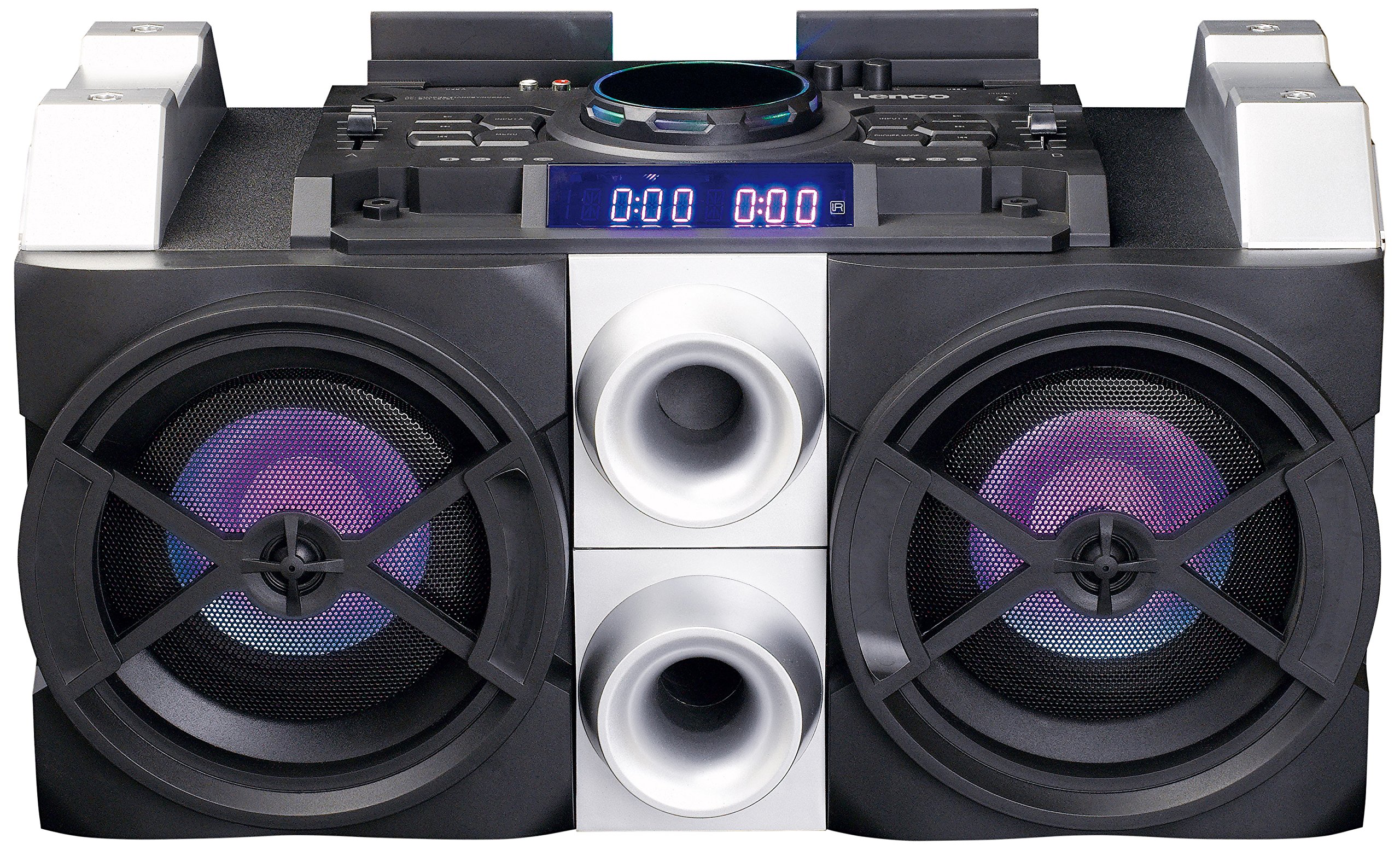 Lenco PA-Anlage PMX-150 mit Akku, DJ-Mixer, Licht-Effekten, Bluetooth, USB, UKW-Radio und Gitarren-Anschluss schwarz