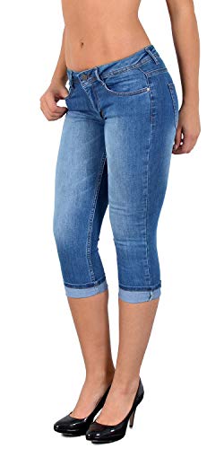 ESRA Damen Capri Jeans mit Blumenstickerei Kurze Hose bis Übergröße J470, Denim-J474, Gr.- EU 44