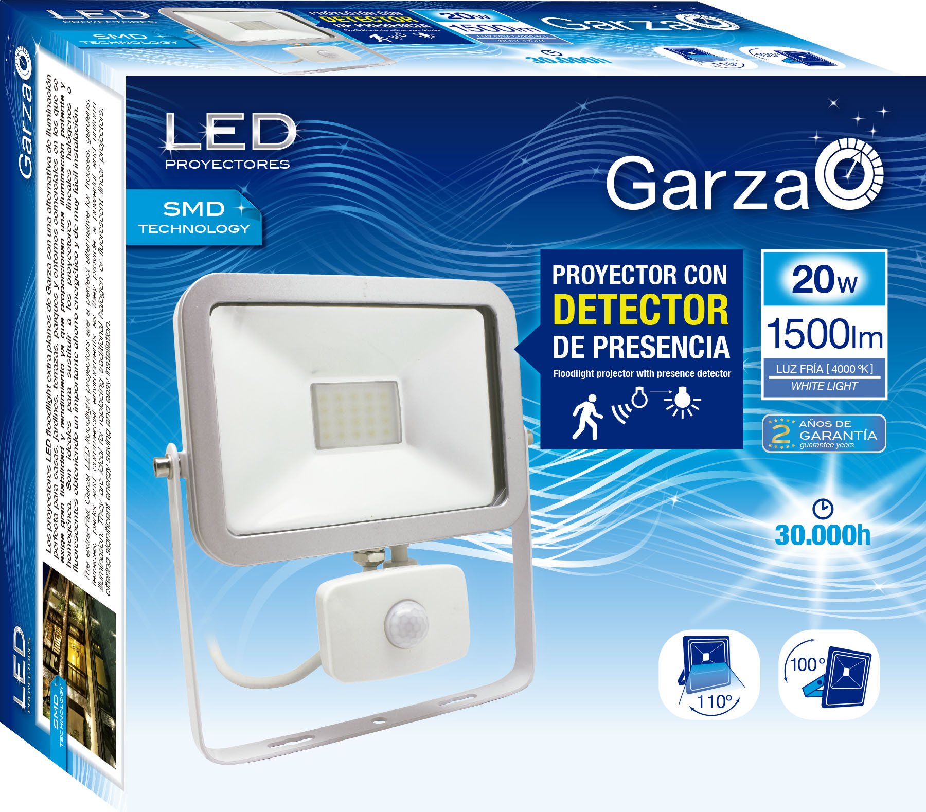 Garza - Reiher iSpot Spot Außen LED Projektor mit SENSOR E27, 20 W, Blau