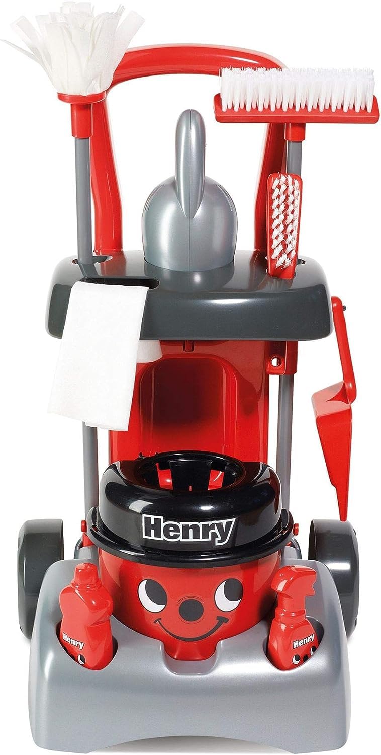Casdon Henry & Hetty Spielzeug. Henry Deluxe Putzwagen. Rotes Spielset im Henry Design mit funktionierendem Handstaubsauger und Zubehör. Kinder-Reinigungswagen-Set. Für Kinder ab 3 Jahren