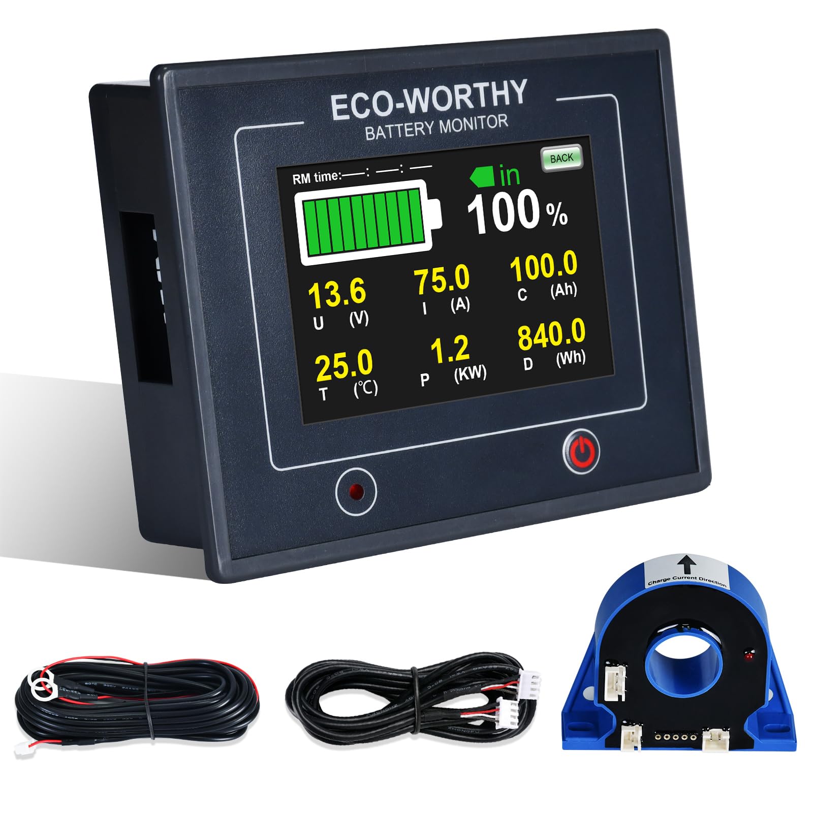 ECO-WORTHY Batterie Monitor 200A 12V/24V/36V/48V, 3,5" Touchable Display Batteriemonitor mit Alarm,10-100V Li-Ion/LiFePO4/AGM/Gel-Batterien Batterietester für Wohnmobile, Solaranlagen