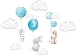 Szeridan Kaninchen Hase Ballons Wolken Wandtattoo Babyzimmer Wandsticker Wandaufkleber Aufkleber Deko für Kinderzimmer Baby Kinder Kinderzimmer Mädchen Junge Dekoration (100 x 200 cm, Blau)