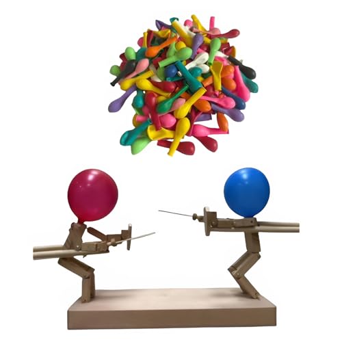 VUIOYRG Hölzerne Fechtpuppen, Holz-Bots-Kampfspiel für 2 Spieler, Ballon-Fechtspiel, Whack a Balloon-Partyspiele für Familienfeiern (mit 100 Stück Luftballons) (0.5mm dick,100 Luftballons)