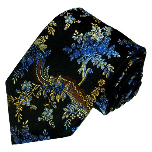 Lorenzo Cana - Marken Krawatte aus 100% Seide - Schwarz Blau Gold Blumen Floral Muster Binder Schlips - 84245