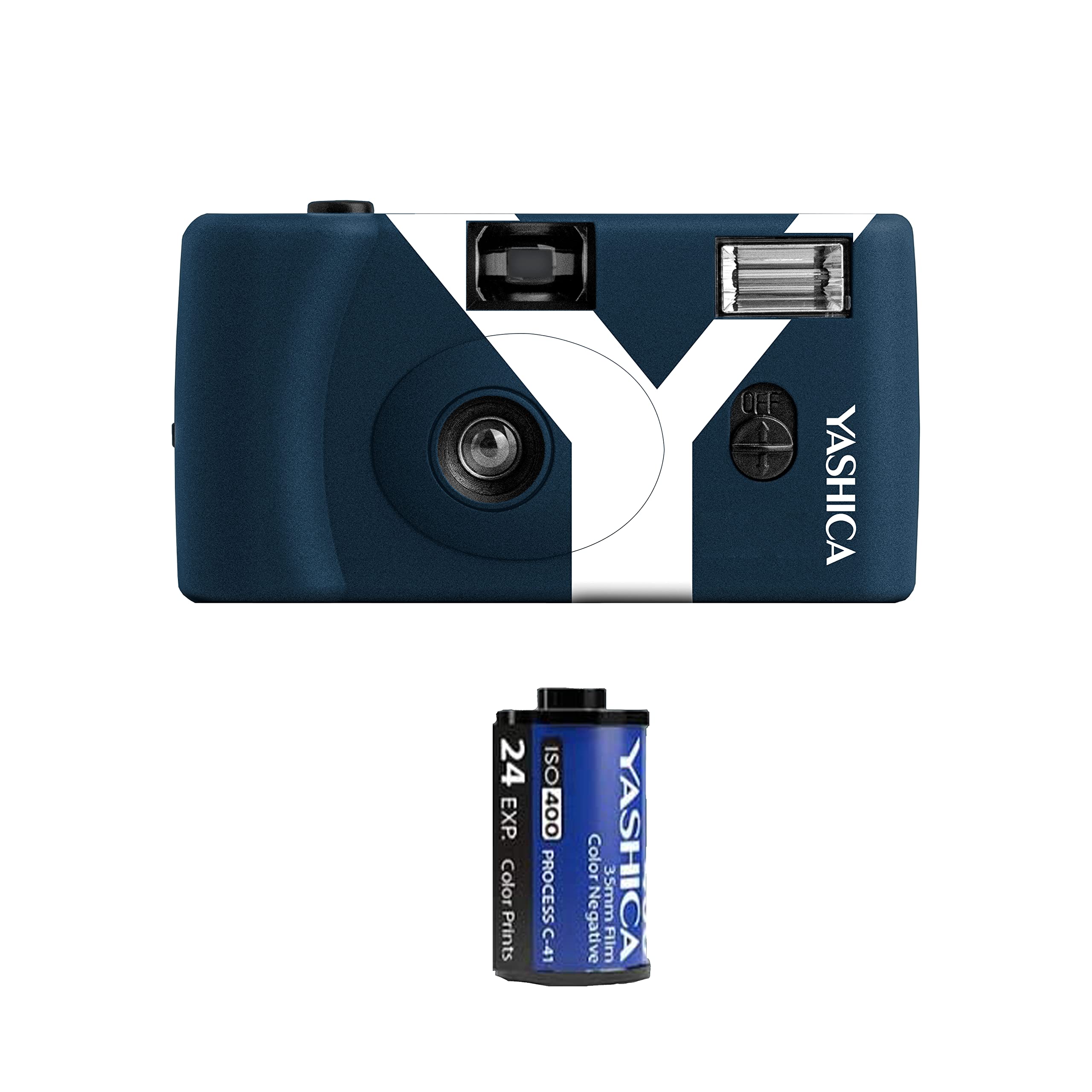 Yashica MF1 dunkel blau Kleinbild Kamera Set (Kamera+eingeletem Film+Batterie+Tragegurt) eine NACHHALTIGE nachladbare Einwegkamera
