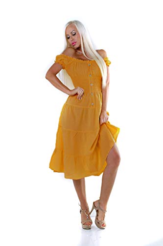 OSAB-Fashion 11502 Damen Sommerkleid Kurzarm Kleid Wadenlang Stufenrock Gesmokt Knöpfe