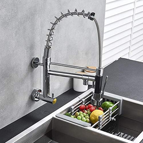 Chrome Rubber Kitchen Faucet Wall Mounted Mixer Tap 360 Degree Rotation Pulldown Stream Sprayer Taps