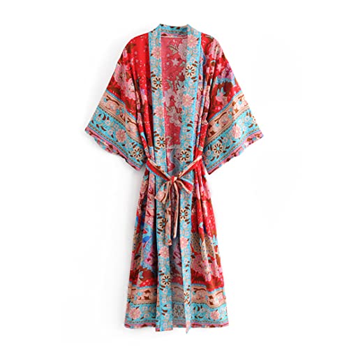 Bqxxdeo Frauen Blumendruck Schärpen Bohemian Kimono V-Ausschnitt Fledermausärmel Maxi Robe Cover-Ups red XL