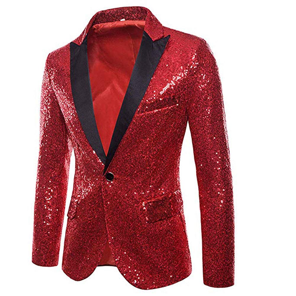 CHRONSTYLE Herren Slim Fit Sakko Blazer Anzugjacke Freizeit EIN-Knopf Pailletten Glitter Anzug Jacke Karneval Kostüm für Hochzeit Party Festlich (rot, XL)