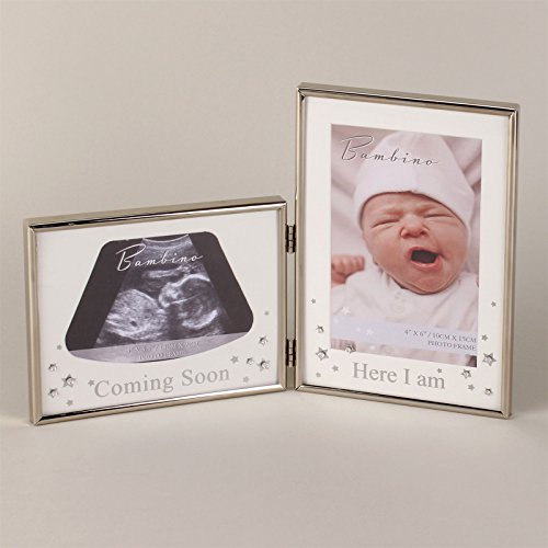 Bambino versilberter Doppel-Bilderrahmen für Ultraschallbild und Neugeborenen-Foto - „Coming Soon“ und „Here I Am“