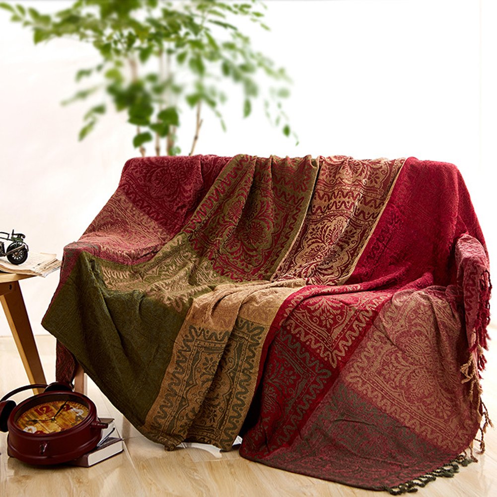 Sofa Bezüge Chenille Jacquard Quasten Überwurf Decke Sofa Stuhl Bezug Mediterraner Stil All Season Decke für Camping, rot / grün, 150*190CM