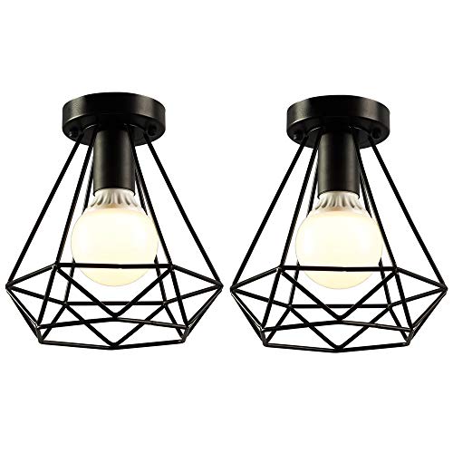 iDEGU 2er Pack Deckenleuchten Industrielle 20 cm Metall Käfig Schwarz Vintage Hängeleuchte Retro Lampe E27 Beleuchtung für Wohnzimmer Schlafzimmer Café Bar Restaurant – Form Diamant