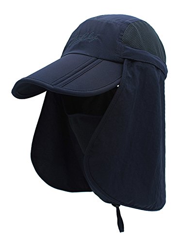 Kinder Jungen Mädchen Safari Cap mit extra langem Nackenschutz Anti UV Abklappbar Baseball Mütze für Camping Outdoor für Kopfumfang 50-54 cm - Navy Blau