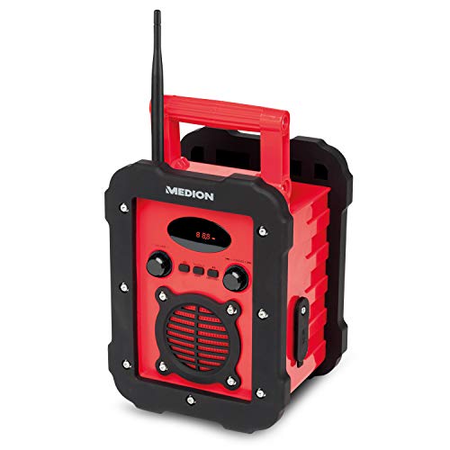 MEDION E66262 Baustellenradio (Freizeitradio, Batteriebetrieb, spritzwassergeschützt, IP441, UKW/MW Radio, 50 Watt Lautsprecher, AUX Eingang) rot