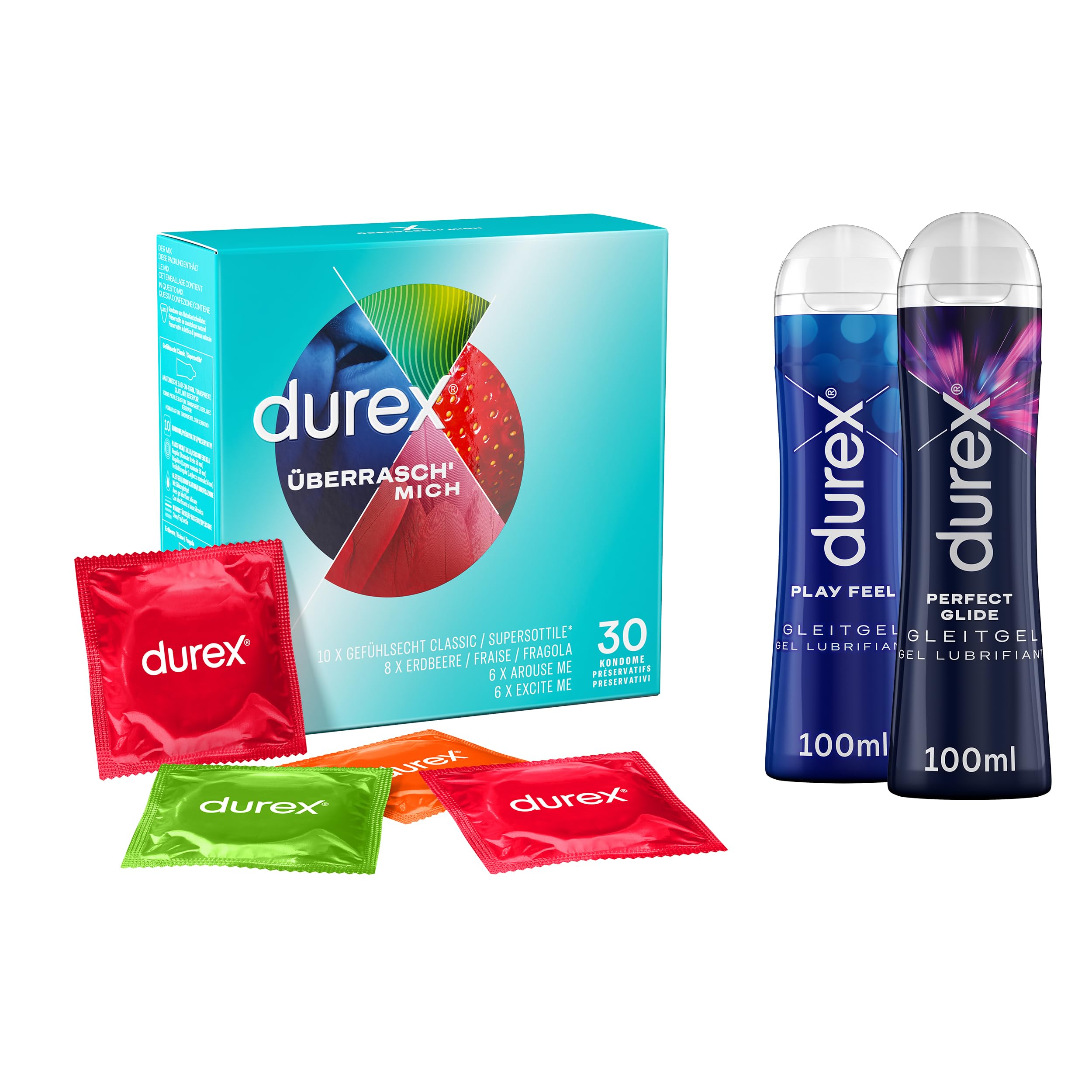Durex Überrasch Mich-Set mit Überrasch‘ Mich Kondome - 30er Großpackung (1 x 30 Stück) & Play Gleitgel Ausprobierpaket für Sie und Ihn | Perfect Glide & Feel (2 x 100ml)