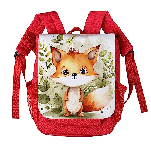 Striefchen® personalisierter Kinderrucksack mit niedlichen Tiermotiven in Aquacolor Optik Fuchs, Rot