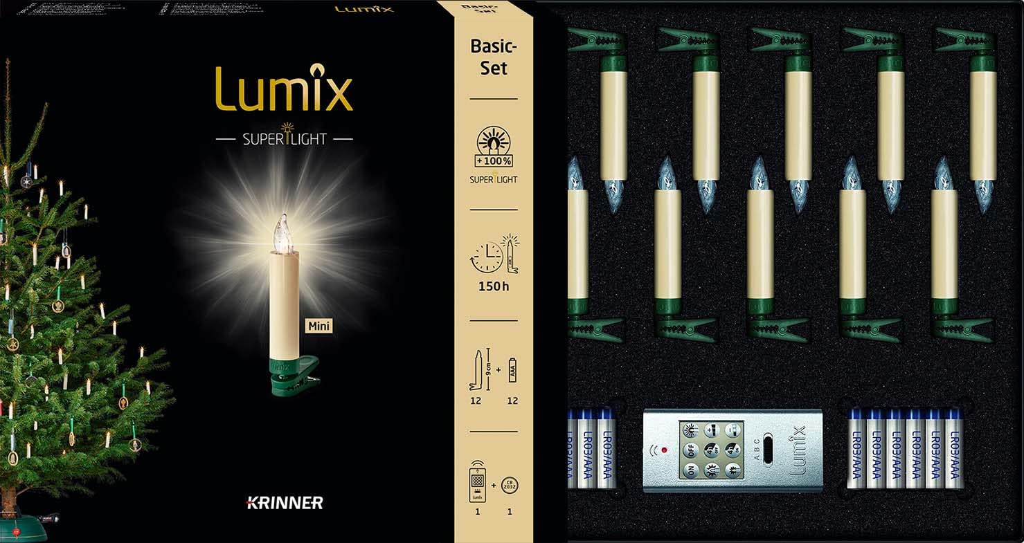 Lumix® LED kabellose Weihnachtsbaum Christbaumkerzen SuperLight Mini 12er Basis-Set Warmweiß inkl. Fernbedienung 4h Ausschalt-Funktion Elfenbein 9cm 75522