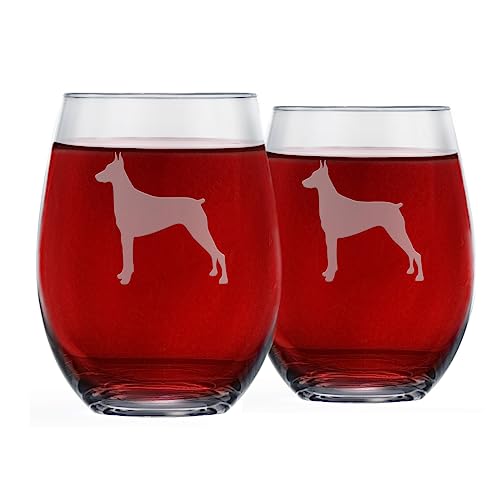 Dobermann Weingläser ohne Stiel (2 Stück) | Einzigartiges Geschenk für Hundeliebhaber | Handgeätzt mit Rassennamen auf der Unterseite