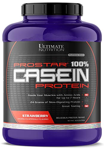 Ultimate Nutrition Prostar Micellar and Hydrolyzed Casein Protein Powder - Fat Free Overnight Muscle Growth and Recovery with BCAAs , 5 Pounds, Strawberry