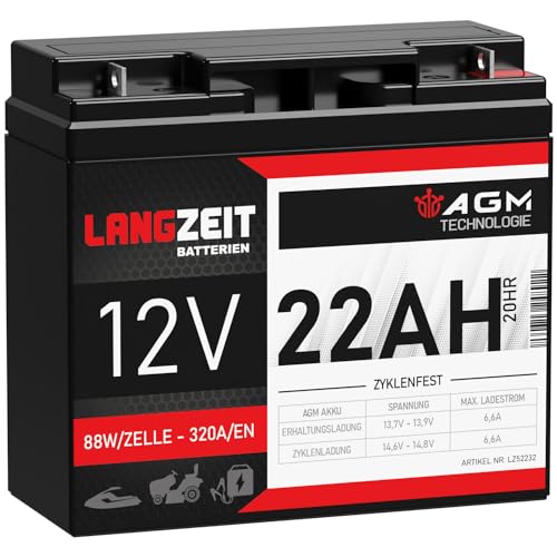 LANGZEIT Akku 12V 22Ah AGM Blei-Akku Rasentraktor Batterie Hochstrombatterie ersetzt 18Ah 19Ah 20Ah 21Ah LC-RD1217P LC-X1220P Profi USV Batterie