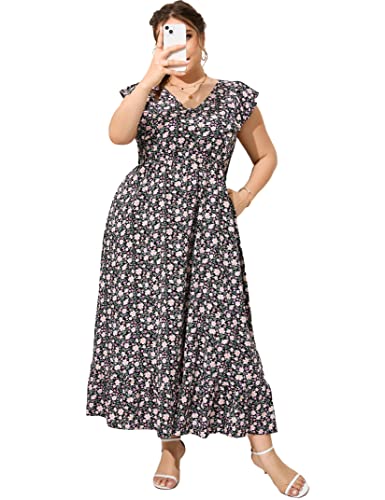 KOJOOIN Damen Plus Size Sommerkleid mit Tasche Rüschen Kappe Ärmellos V Ausschnitt Seite Split Lang Strand Maxikleid, Schwarze Blume, 5X-Large