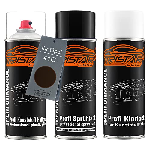 TRISTARcolor Autolack Spraydosen Set für Kunststoff Stoßstange für Opel 41C Mahagony Perl/Mahagonibraun Perl Haftgrund Basislack Klarlack mit Weichmacher Sprühdose