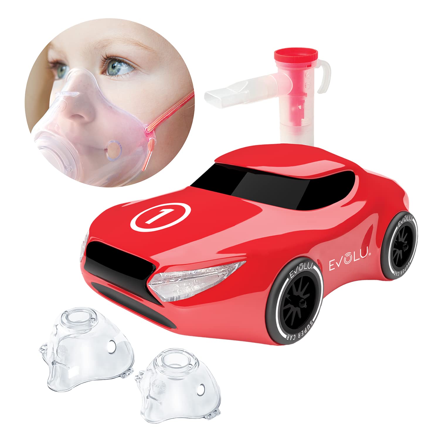 EVOLU Inhalationsgerät für Kinder SUPER CAR Inhalator zur Behandlung von Husten & Schnupfen, Bronchitis, Asthma - Aerosol Inhalator mit Mundstück und Maske
