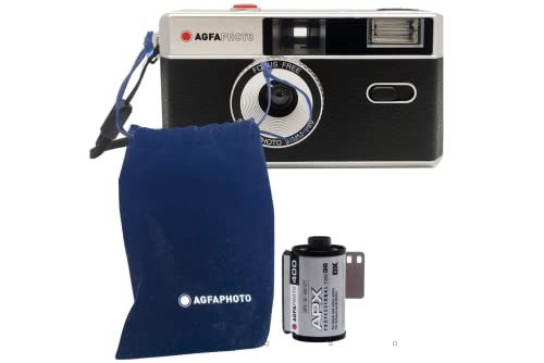 AgfaPhoto analoge 35mm Kleinbildfilm Foto Kamera schwarz im Set: Schwarz/Weiß Bilder Film + Batterie