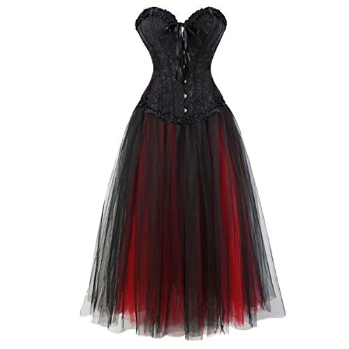Corsagenkleid Rock Damen Vollbrust Corsage Korsett Kleid lang viktorianisch schnürmieder sexy Schwarz rot L