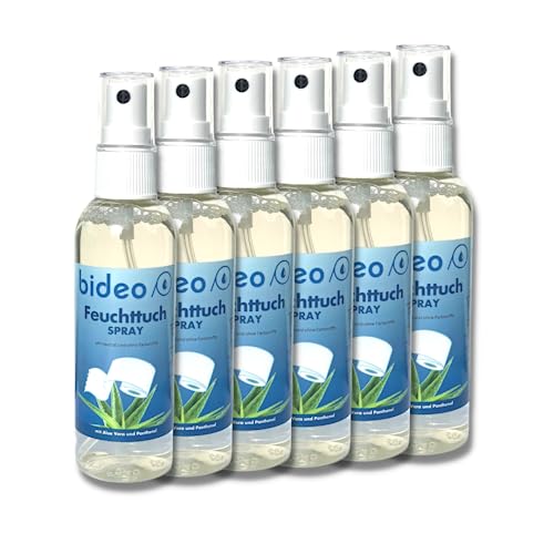 bideo® Feuchttuchspray 100ml - Hygienische Reinigung mit nur einem Sprühstoß auf das Toilettenpapier, (umweltfreundliche Alternative für Feuchttücher) erfrischend & pflegend (100ml – 6er Set)