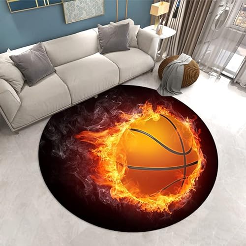 3D Flamme Basketball Runder Teppich Wohnzimmer Moderner Stil Bodenmatte Schlafzimmer Flanell Carpet Badezimmer Anti-Rutsch-Matte Computer Stuhlmatte Wasser Feuer Ball Rug (Farbe 4,160cm)