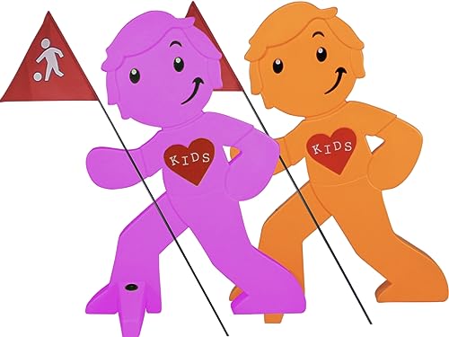 StreetBuddy - Warnfigur mit Fahne, reflektierender Warnaufsteller für Kindersicherheit - Achtung langsam Fahren - Vorsicht spielende Kinder - Schild Autofahrer Warnung (1x Magenta / 1x Orange)