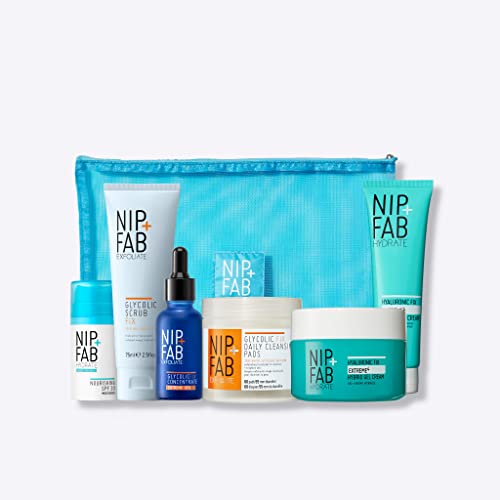 Nip + Fab Exfoliate & Hydrate Geschenkset | Glatte Textur und Boost Glow mit Glykolsäure | Glykolisches Peeling, Konzentrat, Pads | Hyaluroncreme