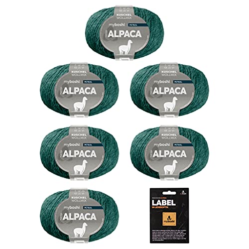 myboshi Alpaca-Wolle inkl. original Label in Lederoptik, zum Häkeln/Stricken, temperaturregulierend, angenehm weich, für Damenoberbekleidung Blau (Petrol) 6 Knäuel