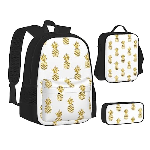 NEZIH Gold Ananas Hintergrund Druck Leichte Wasser Taschen Isoliert Mittagessen Bleistift Fall Bookbag Sets Rucksack Reise Daypack