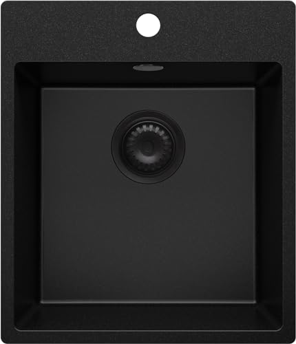 Spülbecken Alles Schwarz 44x53 cm, Granitspüle + Ablauf-Set Schwarz, Küchenspüle für 45er Unterschrank, Einbauspüle von Primagran
