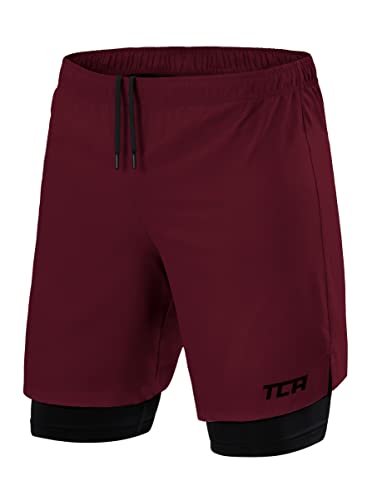 TCA Herren Ultra 2-in-1 Kurze Sporthose/Trainingshose/Laufshorts mit Integrierter Kompressionshose und Reißverschlussfach - Bordeaux/Schwarz (Reißverschlusstasche), L