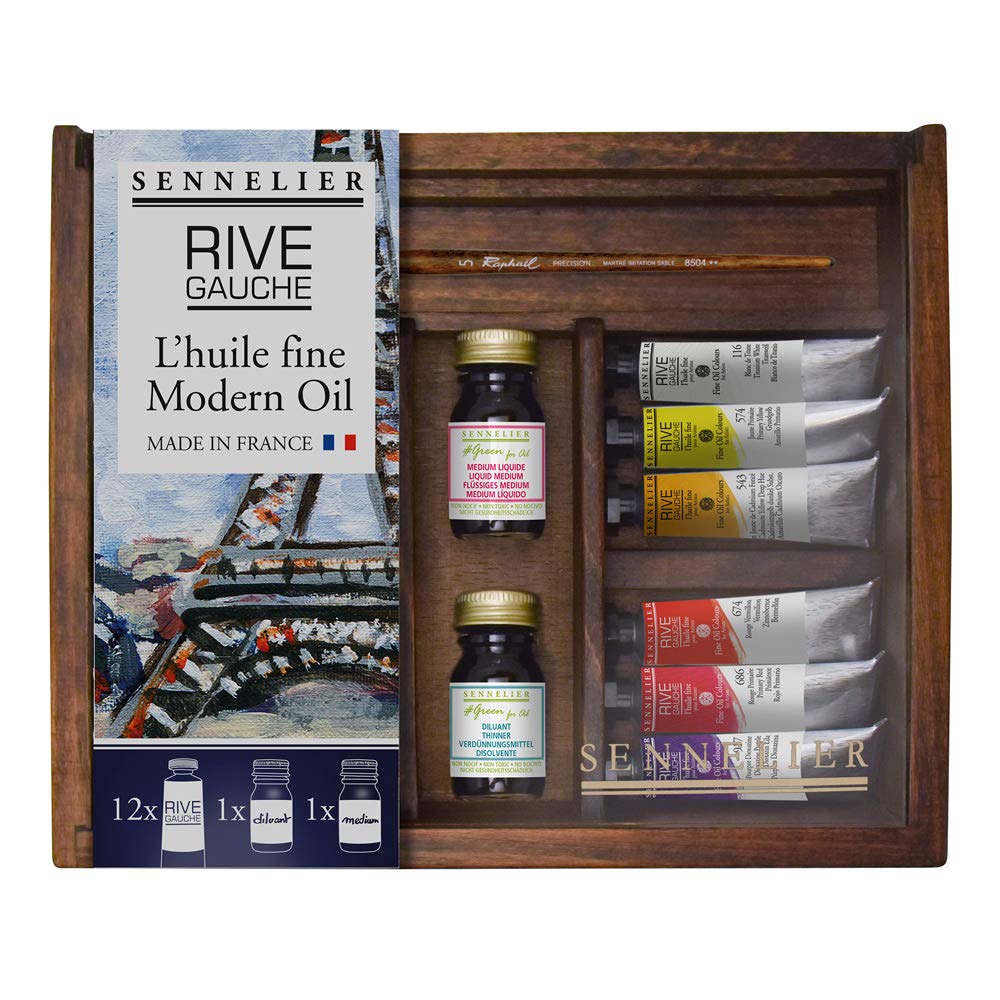 Rive Gauche Oil Wooden Box Set by Sennelier, Includes 12-10ml Tubes and Accessories (10-130330-00)