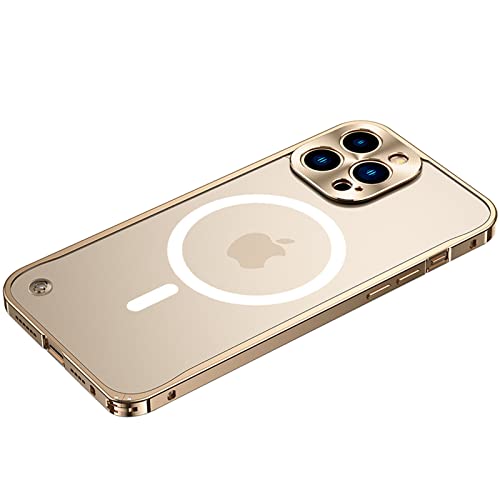 LOXO CASE Metallrahmen Hülle für iPhone 14/14 Plus/14 Pro /14 Pro Max, Transluzent Harte PC Rückseite[Kompatibel mit MagSafe] Stoßfest Kratzfest Dünn Handyhülle,Gold,iPhone14 Pro Max