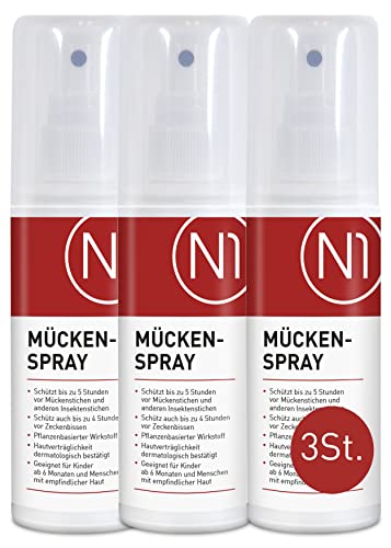 N1 Mückenspray 3x100 ml - [Pflanzliches Insektenschutz Spray für Erwachsene und Kinder] - Hautverträglichkeit dermatologisch getestet - Wasser- & Schwitzfest - für Körper & Gesicht - Apothekenprodukt
