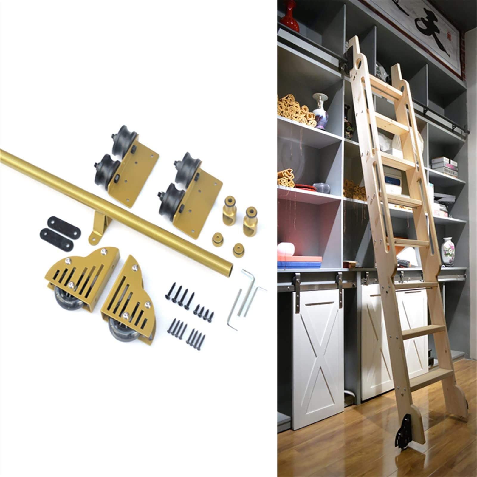 ZOUTYI Rollleiter-Hardware-Bibliotheks-Schiebeleiter-Hardware-Kit (ohne Leiter), 3,3 Fuß bis 20 Fuß goldene runde Schiene/Schiene + Verlängerungszubehör, für Zuhause/Innen/Loft/Buchhandlung/Bücherr