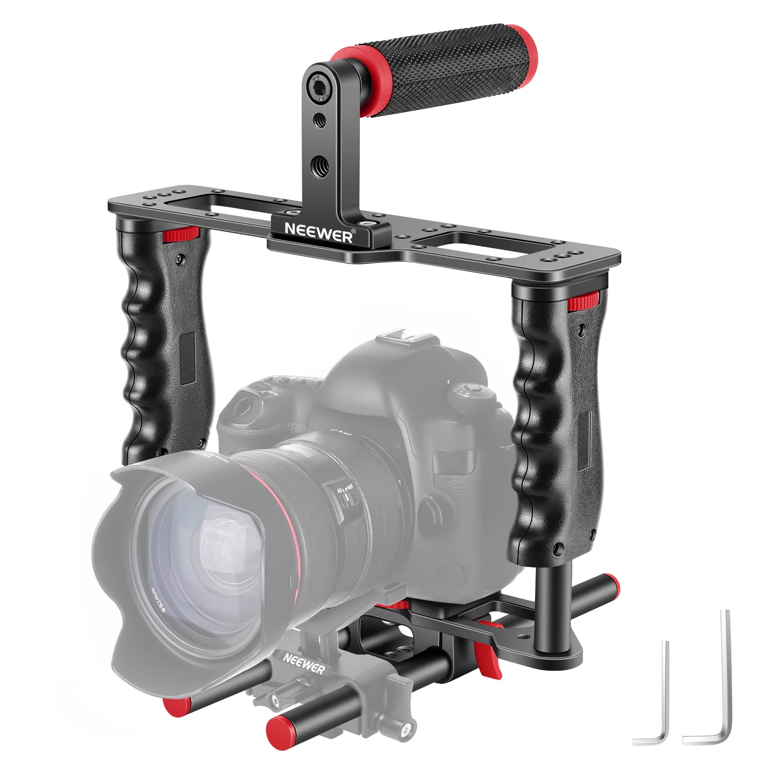 NEEWER Kamera Videokäfig aus Aluminiumlegierung, mit oberem Griff, Zwei Handgriffen, Zwei 15mm Stangen, kompatibel mit Canon Sony Fujifilm Nikon DSLR Camera und Camcorder (Schwarz + Rot)