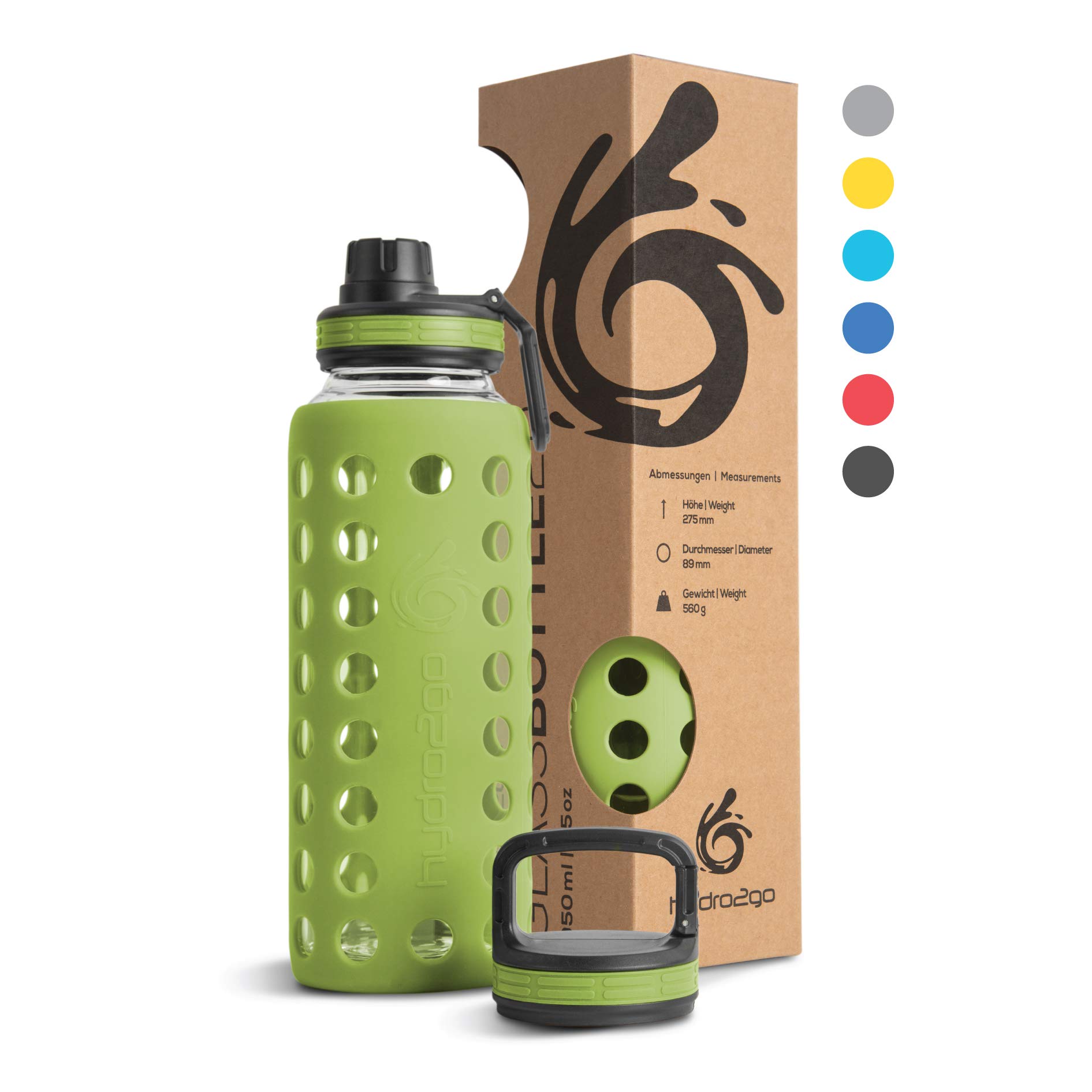hydro2go® Trinkflasche aus Glas mit Silikonhülle 950 ml - spülmaschinenfest | 2 auswechselbare Deckel | 100% Auslaufsicher BPA-frei - Glasflasche für Smoothies, Büro, Fitness, Yoga, Sport & Outdoor