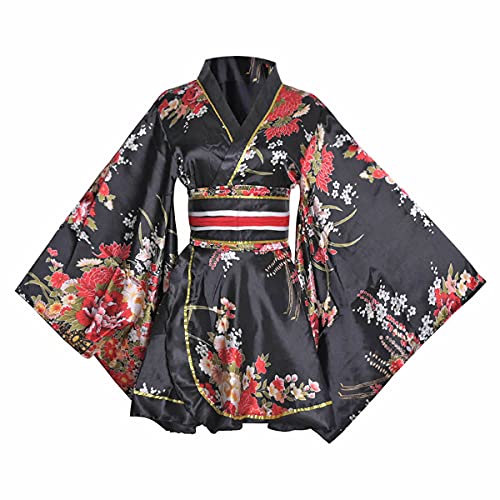 HUAHUA Damen Sexy Kurz Kimono Kleid Blumendruck Japanische Traditionelle Geisha Yukata Bademantel Rock Gürtel Outfit, D01-schwarz, Einheitsgröße