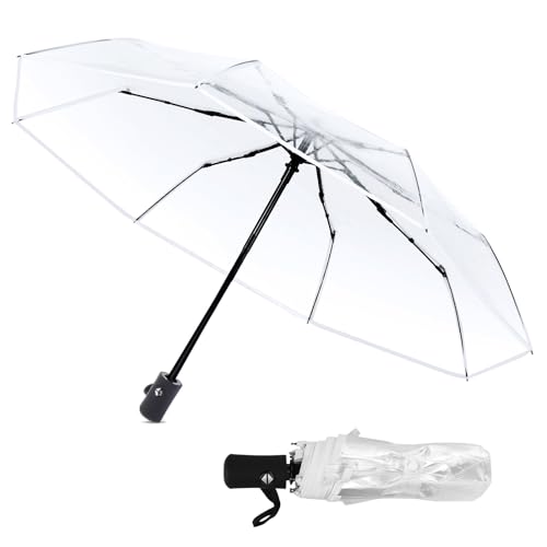 Mumusuki Durchsichtiger Regenschirm transparent, Taschenschirme Mit 8 Rippen, 105cm Schwarz Faltender Regenschirm, Winddichter und Auf-Zu-Automatik, Automatikschirm für Reisen, Geschenk