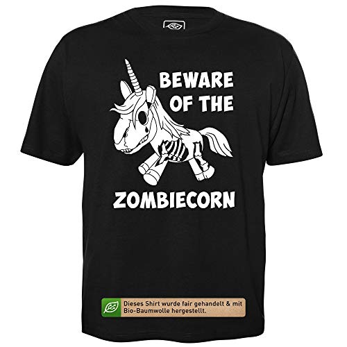 Beware of The Zombiecorn - Herren T-Shirt für Geeks mit Spruch Motiv aus Bio-Baumwolle Kurzarm Rundhals Ausschnitt, Größe XXL