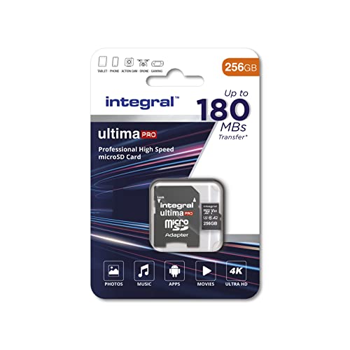 Speicherkarte 256 GB microSDxC UltimaPro, sehr hohe Geschwindigkeit bis zu 180 MB/s Lesen, 130 MB/s Schreiben, Klasse 10, V30, UHS1, U3, A2, SD-Adapter, von Integral Memory