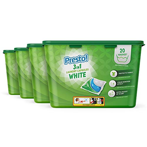 Amazon-Marke: Presto! 3 in 1 Wäsche kapsel Weiß, Frisch, 80 Waschgänge (4 Packungen mit 20)